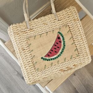 Woven Straw Tote with Watermelon Design